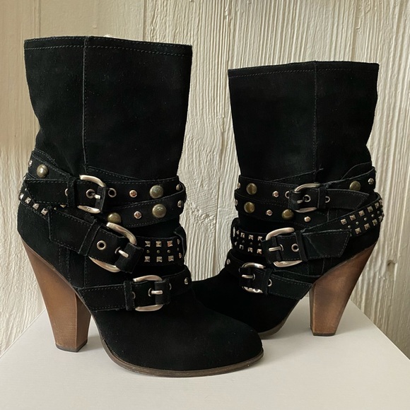 Steve Madden Black Studded Suede Rustik Boots with Chunky Block Heel Size 8.5M - Picture 8 of 16